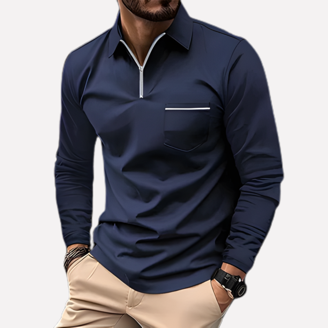 Menns langermet polo skjorte i bomullsblanding med brystlomme, elegant for smart casual stil.
