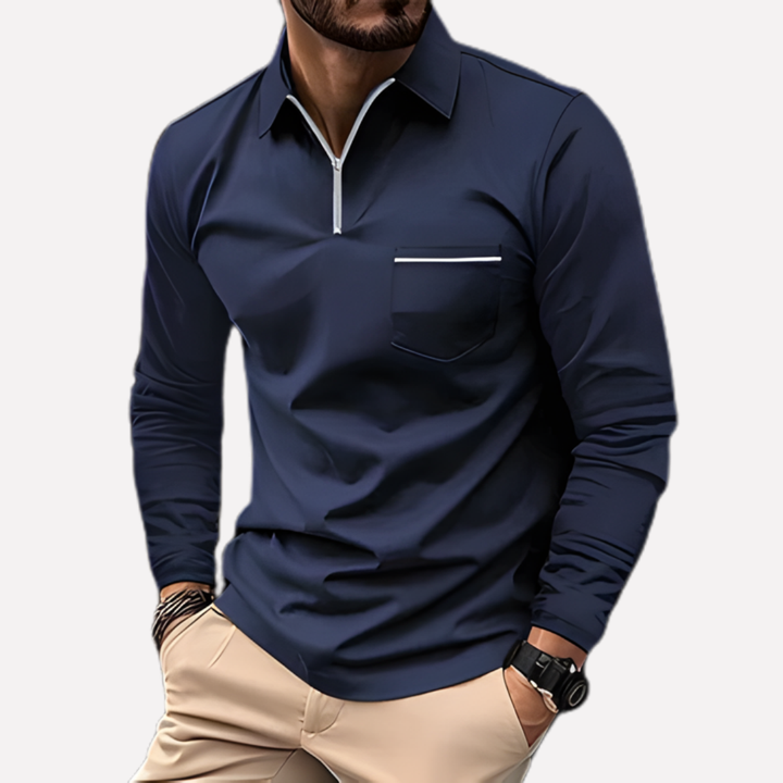 Menns langermet polo skjorte i bomullsblanding med brystlomme, elegant for smart casual stil.
