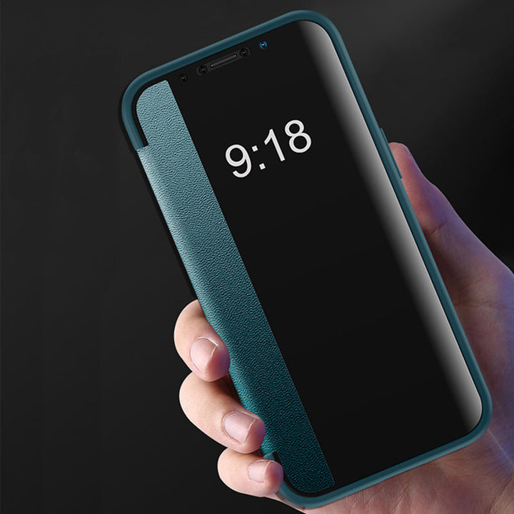 Unisex iPhone flip lærdeksel med visningsvindu. Elegant og beskyttende mobilbeskyttelse i PU lær.