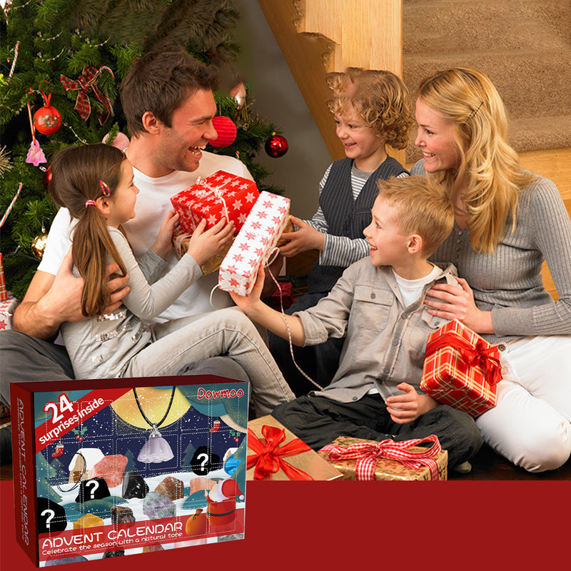 Mineral adventskalender for barn, viser 24 dager med spennende steiner og krystaller.