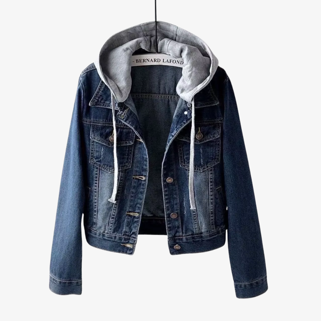 Blå kort denimjakke for kvinner med avtakbar hette, en stilfull vår- og sommerjakke.