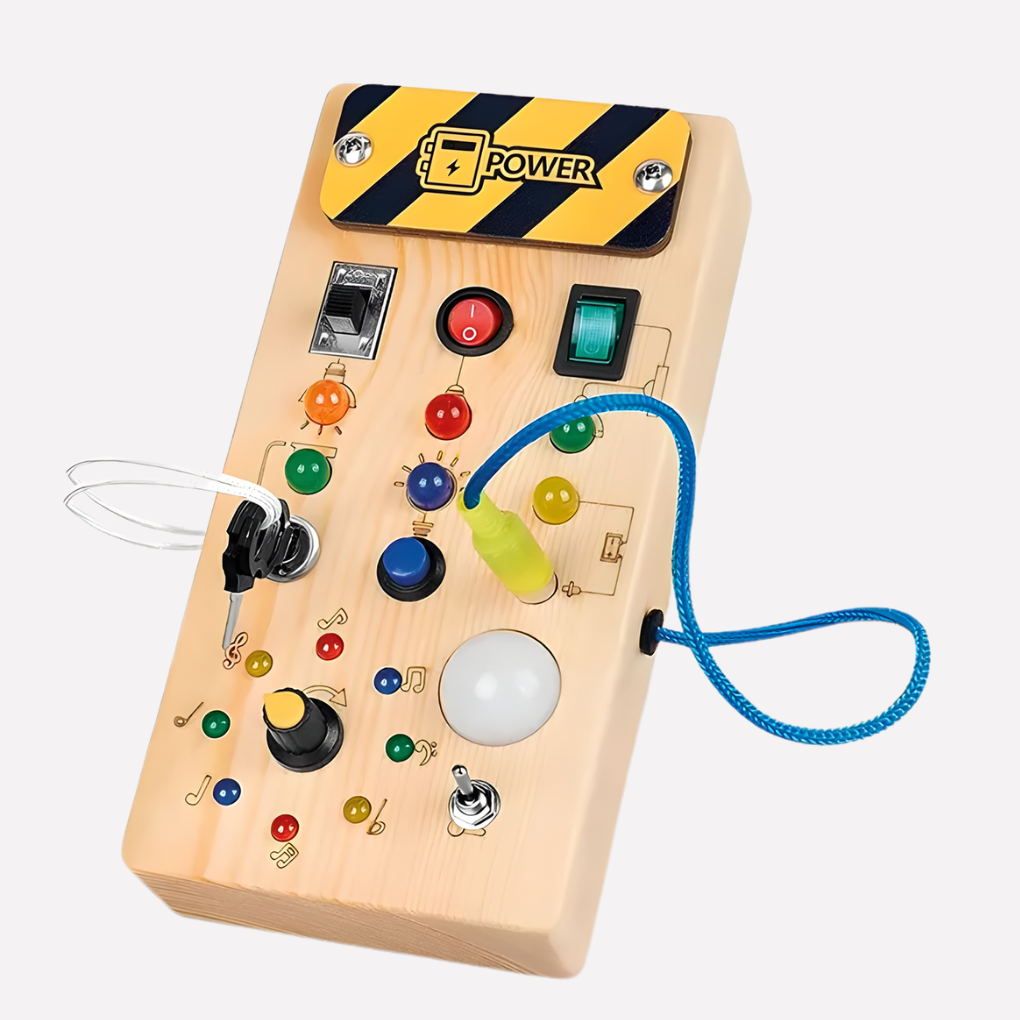 Montessori aktivitetsbrett i tre med LED-lys for barn. Pedagogisk busyboard for finmotorikk og sensorisk lek.