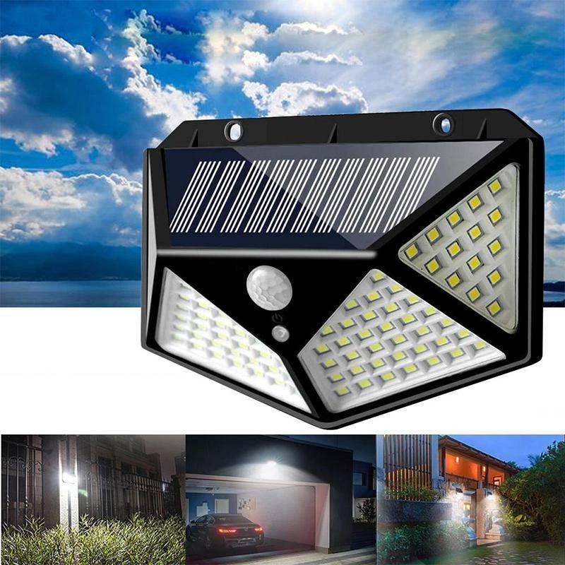 Solcellevegglampe med 100 LED, bevegelsessensor og vanntett design for utendørs bruk.