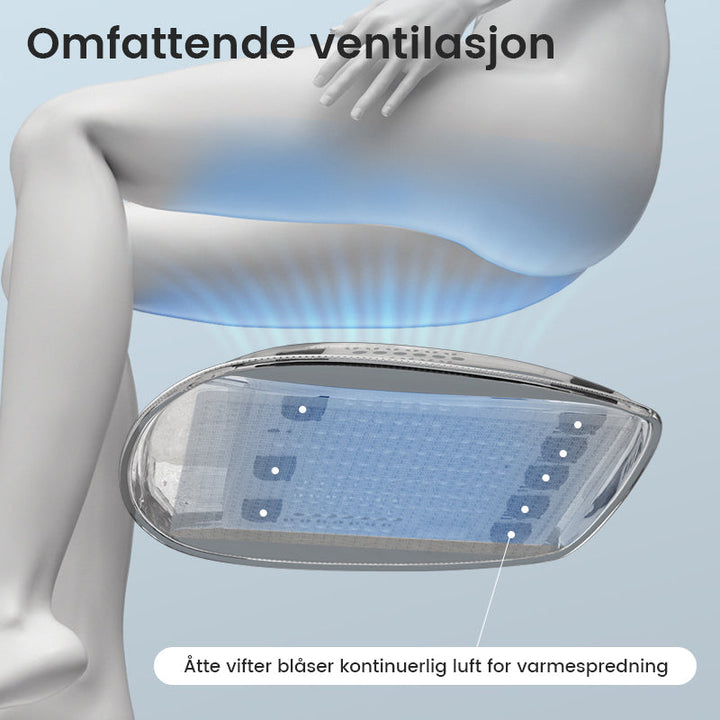 Sval reisepute for bilsetet. USB-kjølepute med ventilasjon for behagelige turer.