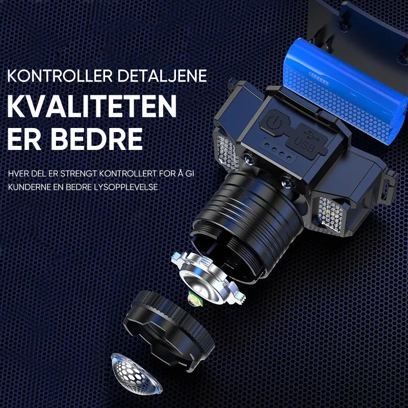 Robust hodelykt med integrert powerbank, uunnværlig for friluftsliv, nødlys og utendørs eventyr.