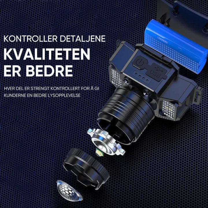 Robust hodelykt med integrert powerbank, uunnværlig for friluftsliv, nødlys og utendørs eventyr.