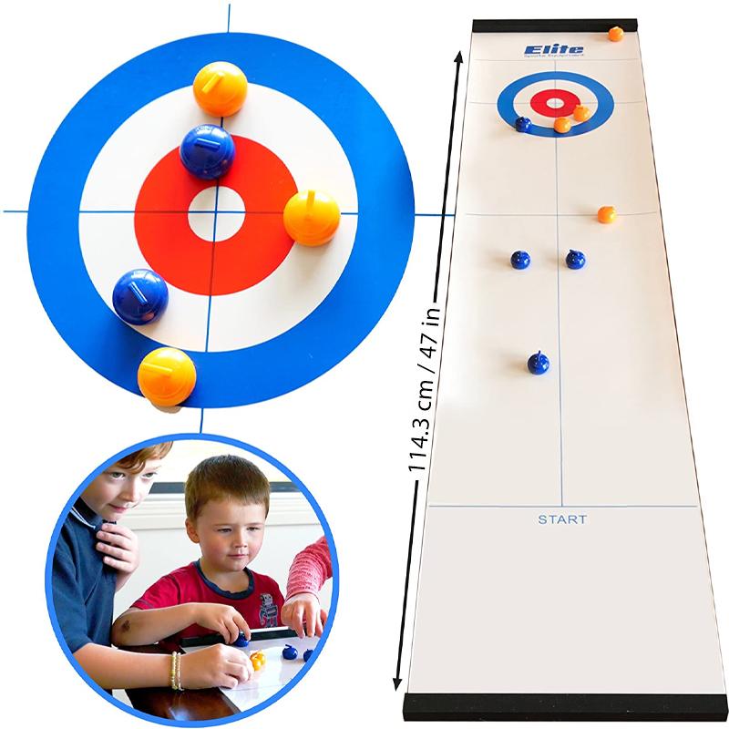 Et lite curlingbrett og stener klare for spill. Et morsomt og kompakt familiespill for fritid og gaver.