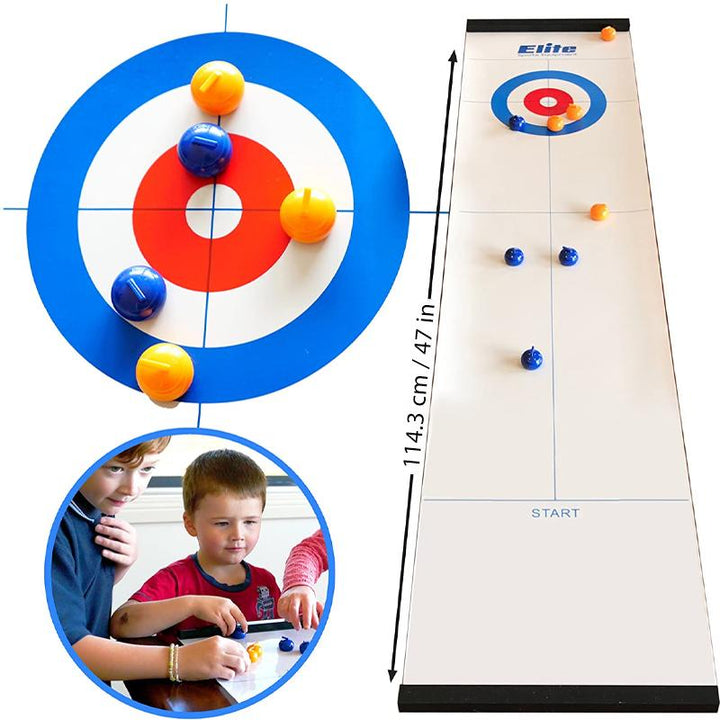 Et lite curlingbrett og stener klare for spill. Et morsomt og kompakt familiespill for fritid og gaver.