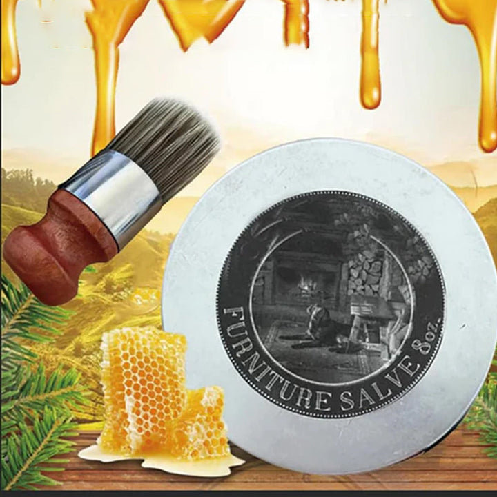 Universelt møbelpleiesett med naturlig bivoksbalsam og myk møbelbørste for tre- og skinnpleie.