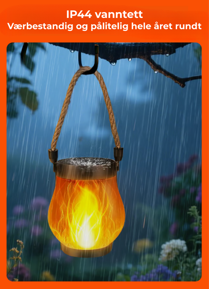 Stemningsfull solcellelanterne for terrasse og balkong. Gir realistisk flammeeffekt med automatisk solenergi LED-lys.