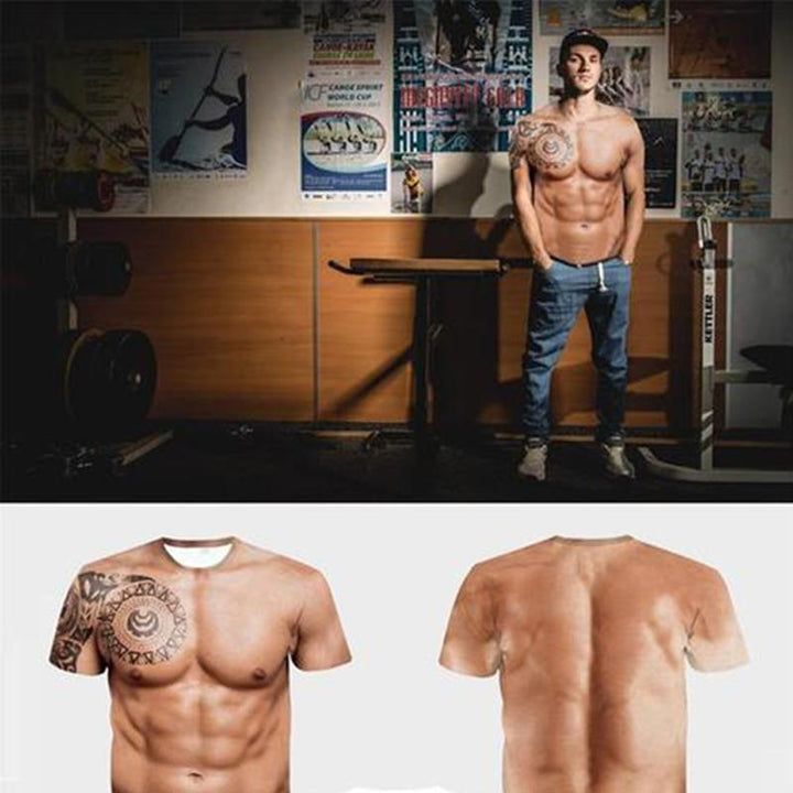 Realistisk 3D-printet herre t-skjorte med falske muskler og tatoveringer i polyester, for menn.