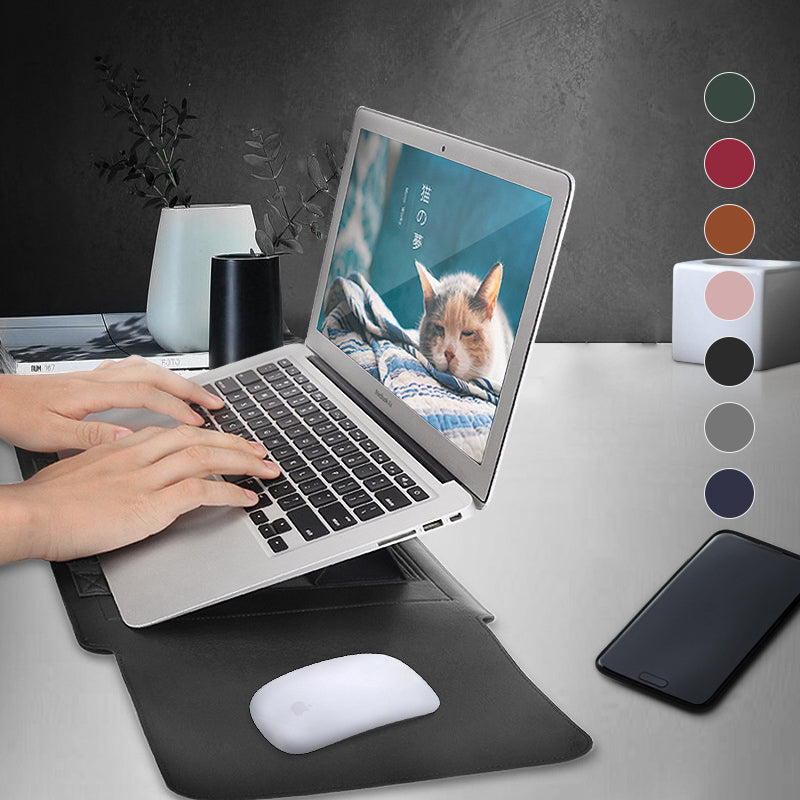 Komplett løsning: beskyttende laptopveske, ergonomisk holder og praktisk reisefølge i kunstskinn.