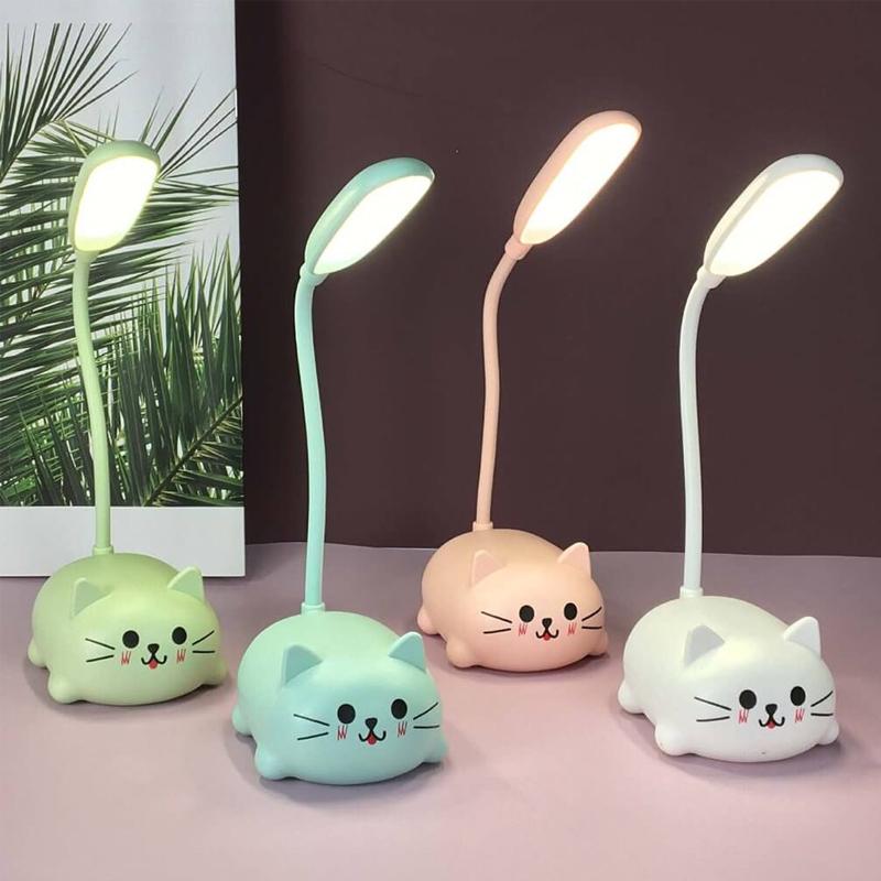 Søt tegneserie katt LED-bordlampe, fleksibel hals, trådløs, perfekt for barnerom.