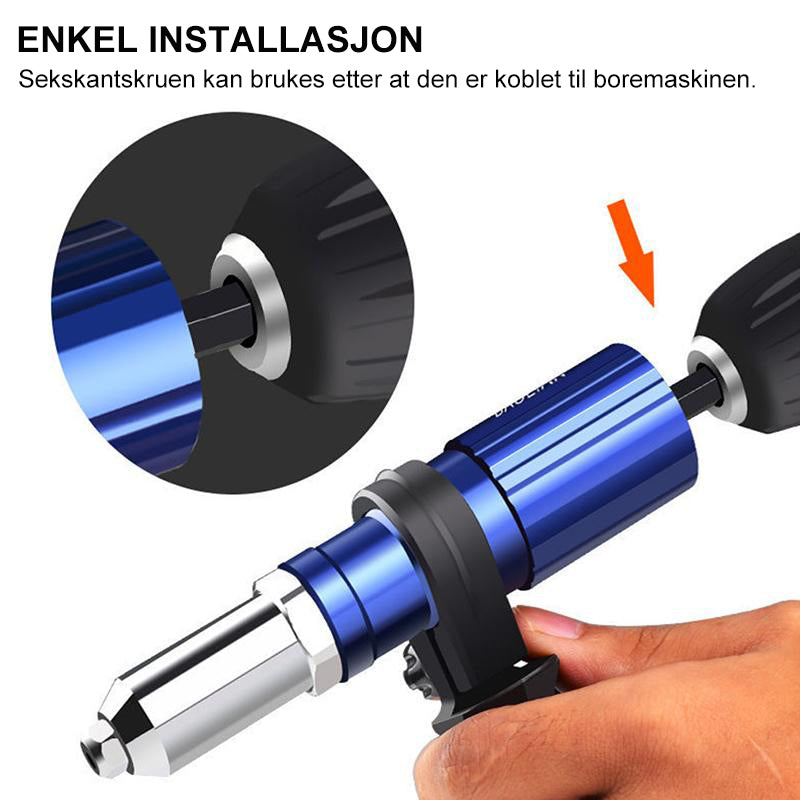 Ergonomisk naglepistol adapter til boremaskin, for komfortabel og effektiv festing av materialer.