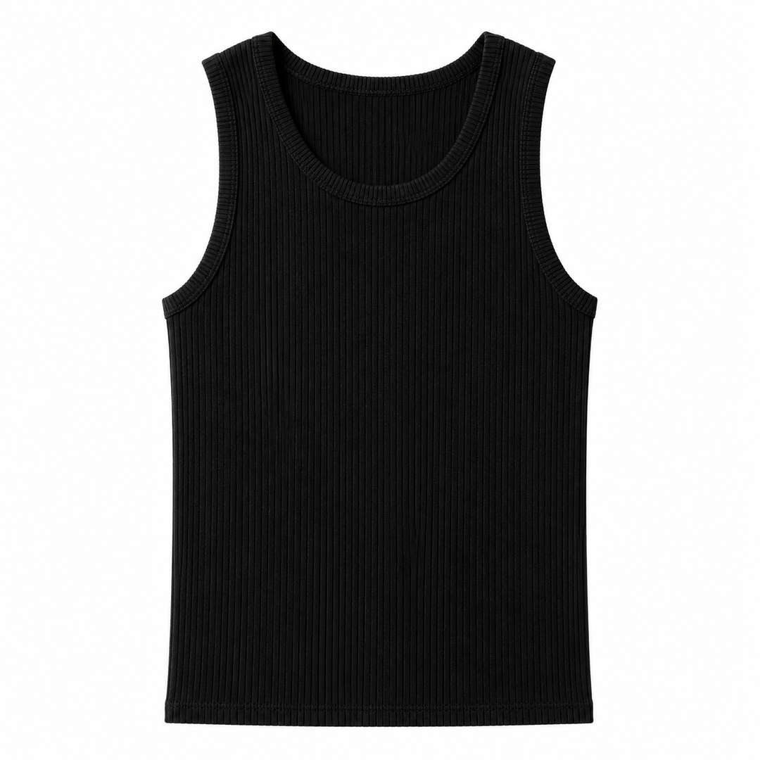 Svart ribbestrikket treningstopp for herre. Figurnær singlet, ideell for økter eller aktiv fritid.