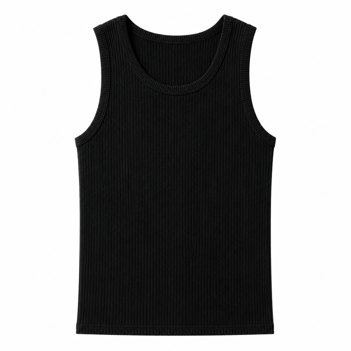 Svart ribbestrikket treningstopp for herre. Figurnær singlet, ideell for økter eller aktiv fritid.