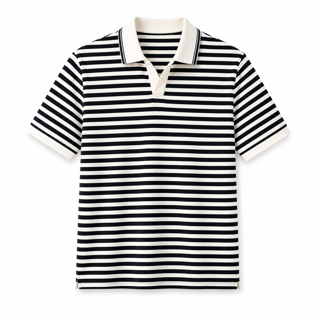 Herrepiké: Kortermet stripet polo i retrostil, tidløs og elegant for moderne herremote.