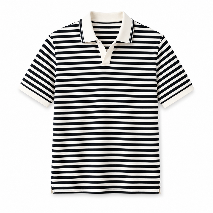 Herrepiké: Kortermet stripet polo i retrostil, tidløs og elegant for moderne herremote.