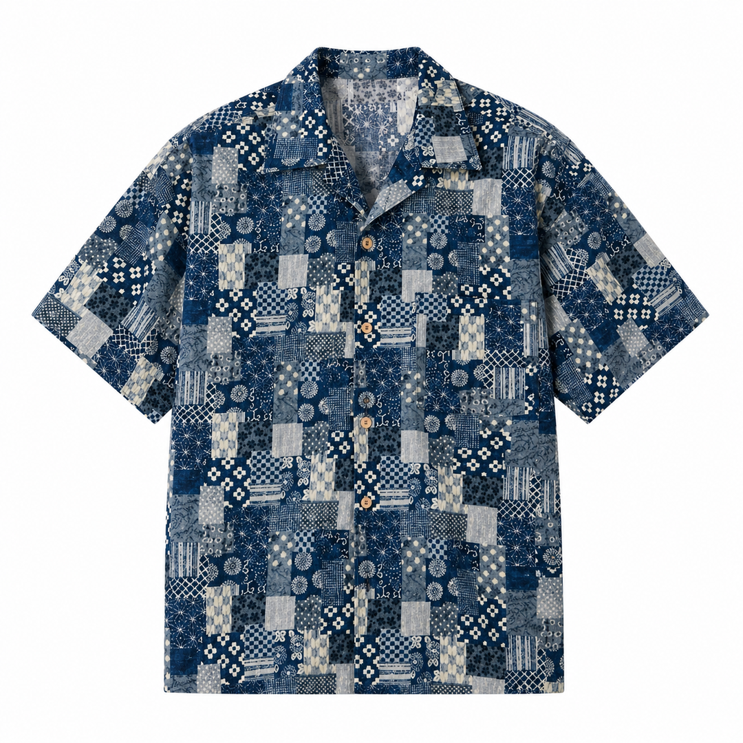 Komfortabel herreskjorte med Boro patchwork. Perfekt som avslappet overskjorte for fritid og sommer.