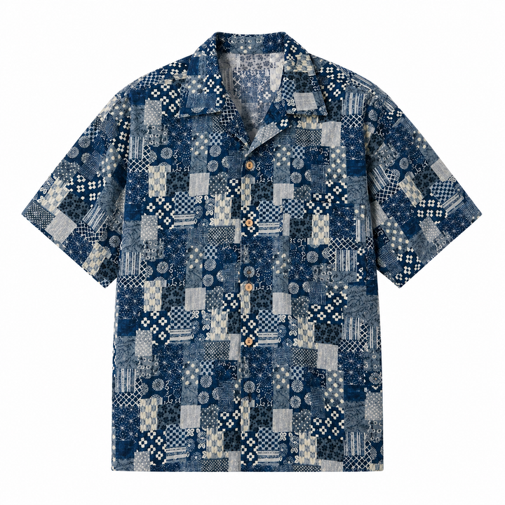 Komfortabel herreskjorte med Boro patchwork. Perfekt som avslappet overskjorte for fritid og sommer.