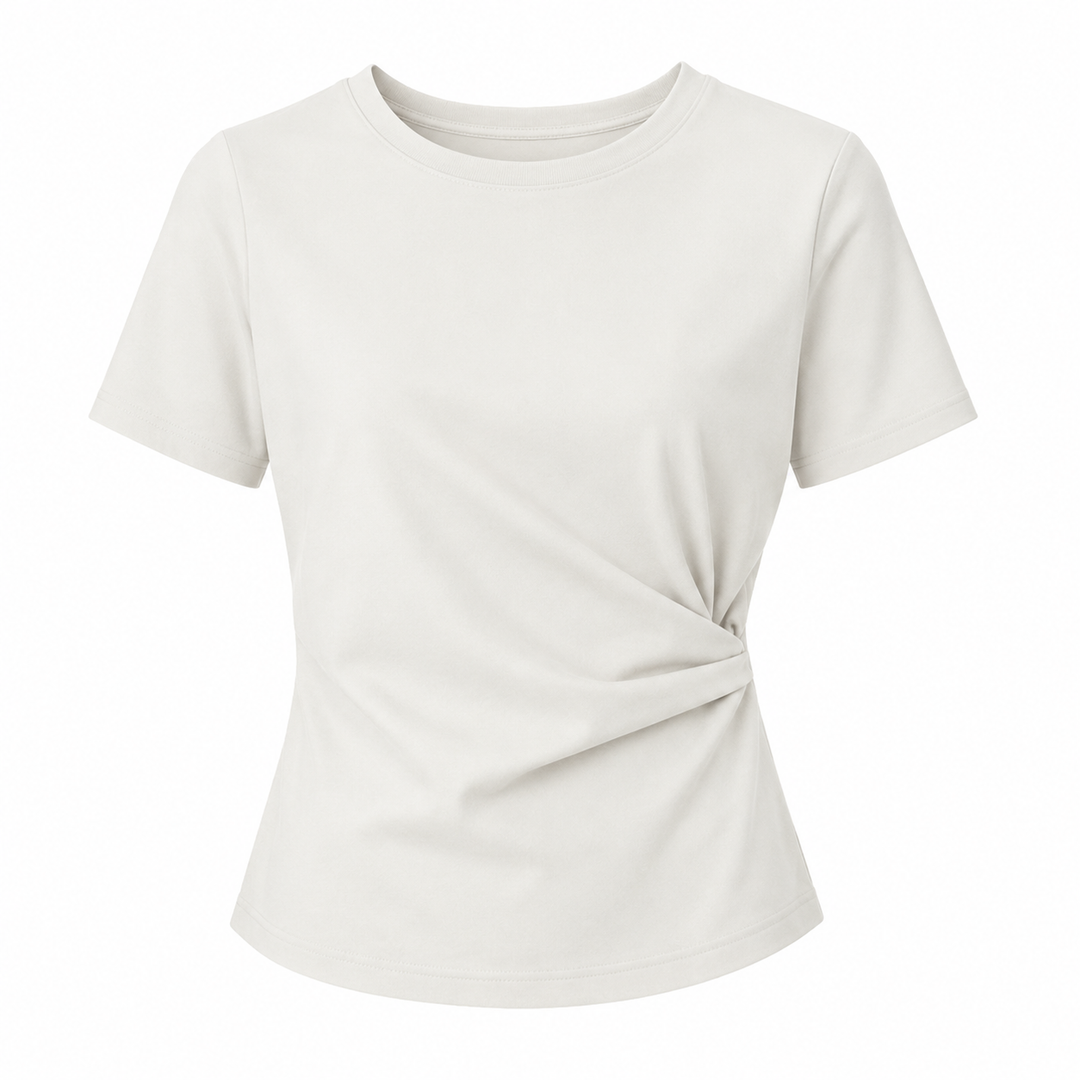 Elegant dame t-skjorte med asymmetrisk design og innsvingt passform. Perfekt som festtopp eller hverdagstopp.
