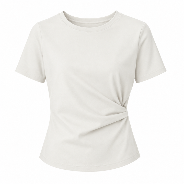 Elegant dame t-skjorte med asymmetrisk design og innsvingt passform. Perfekt som festtopp eller hverdagstopp.