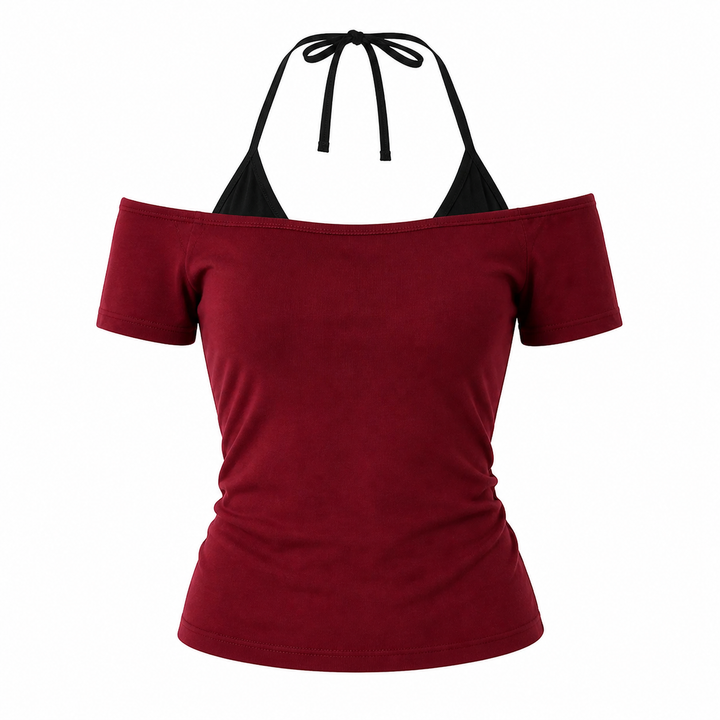 Stilig hvit dame t-skjorte med unikt lagdelt design. Kortermet slim fit sommertopp, perfekt for moteklær.