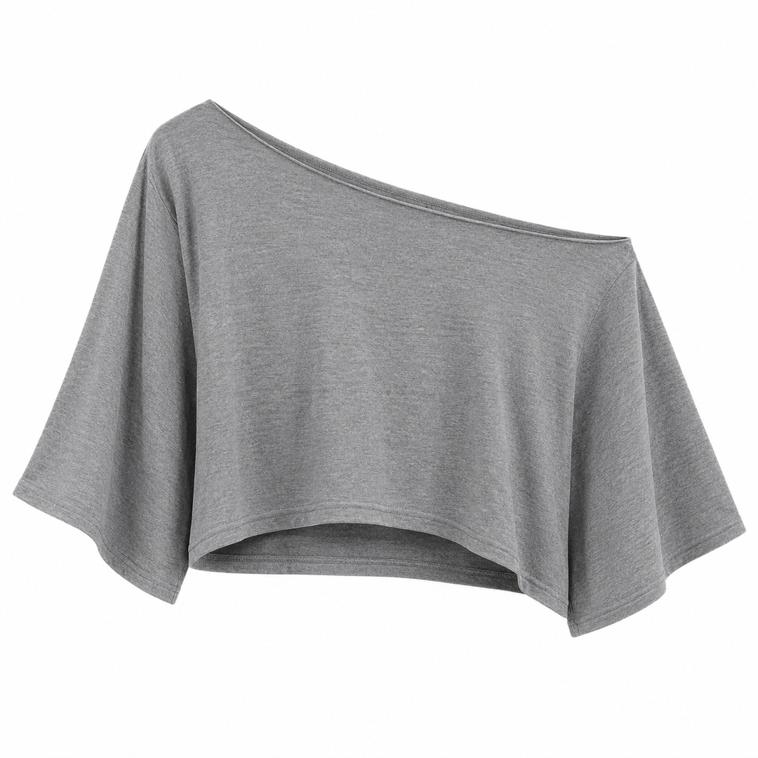 Trendy dame crop topp med bred utringning og løs passform. En moderne basic for sommer og uformell stil.