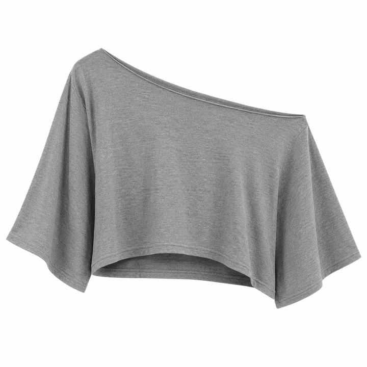 Trendy dame crop topp med bred utringning og løs passform. En moderne basic for sommer og uformell stil.