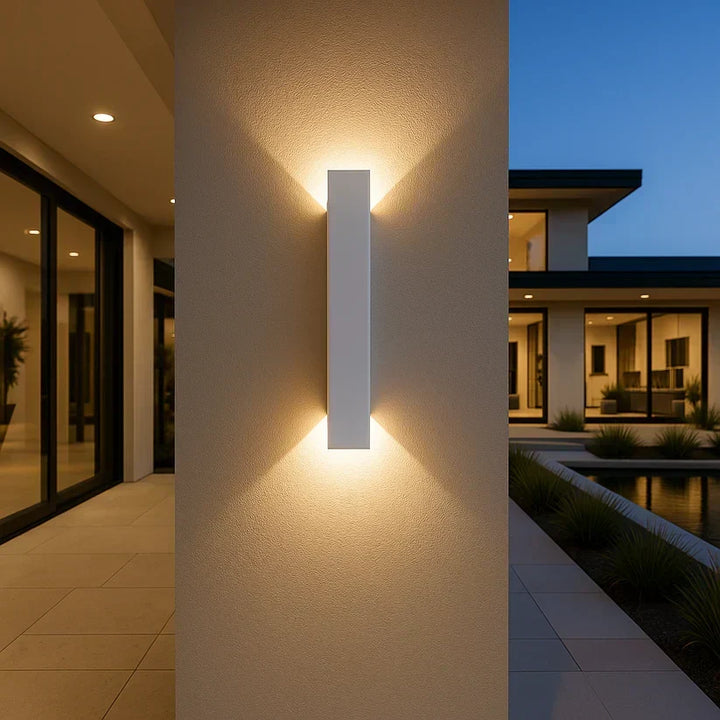 Elegant LED utelampe som lyser opp fasader og uteområder. Moderne design og værbestandig IP65.
