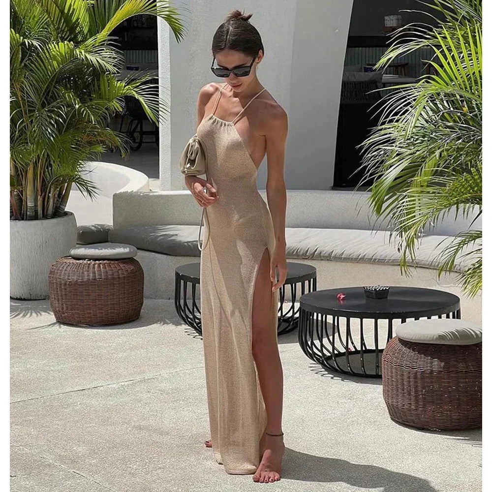 Elegant gjennomsiktig halterneck strandkjole for dame, bodycon maxikjole i polyester, perfekt for sommerfest.