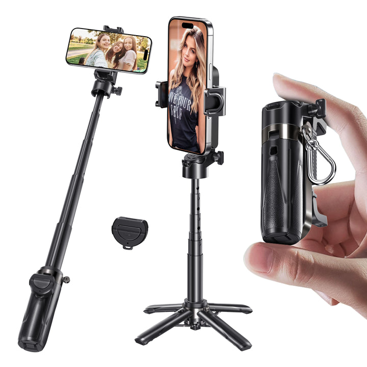 Bærbar selfiestang og telefonstativ, perfekt for reise og vlogg. Inkluderer Bluetooth fjernkontroll.