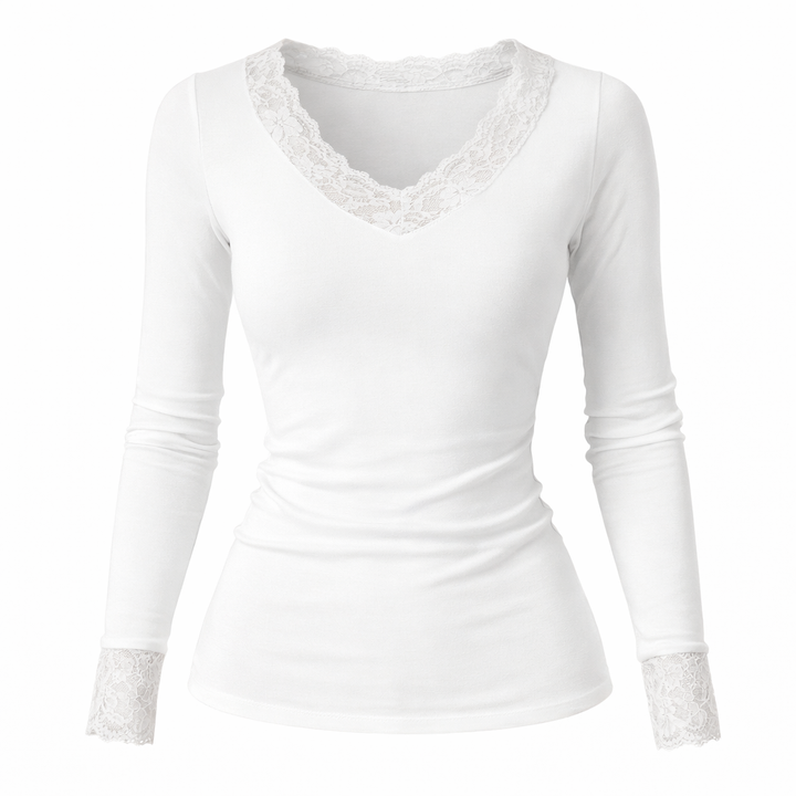 Elegant dame V-hals topp i blonde med kort snitt. Trendy og feminin, passer til mange anledninger.