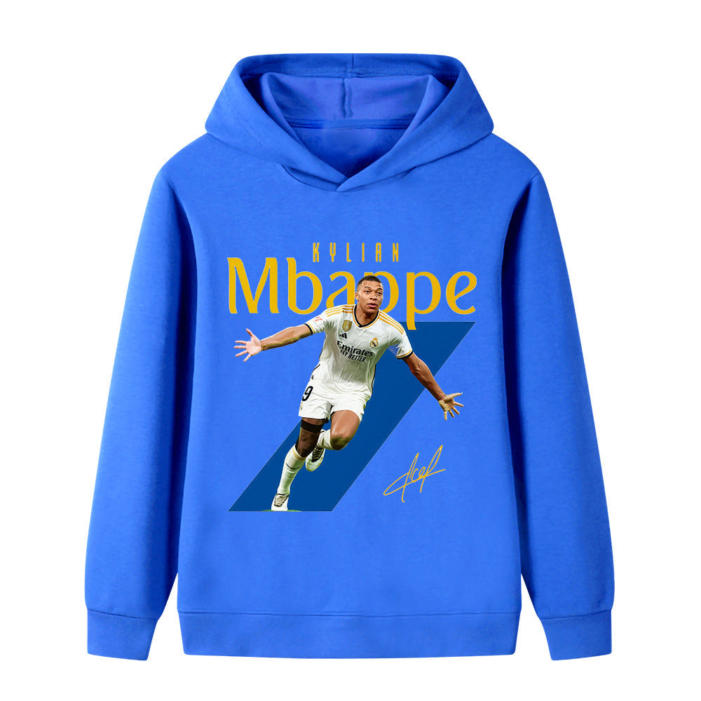 Barnas Kylian Mbappé fotball hettegenser, perfekt for unge fans av sport og komfort.