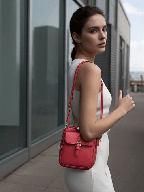 Stilren svart skinnveske, crossbody design for elegant og praktisk bruk.