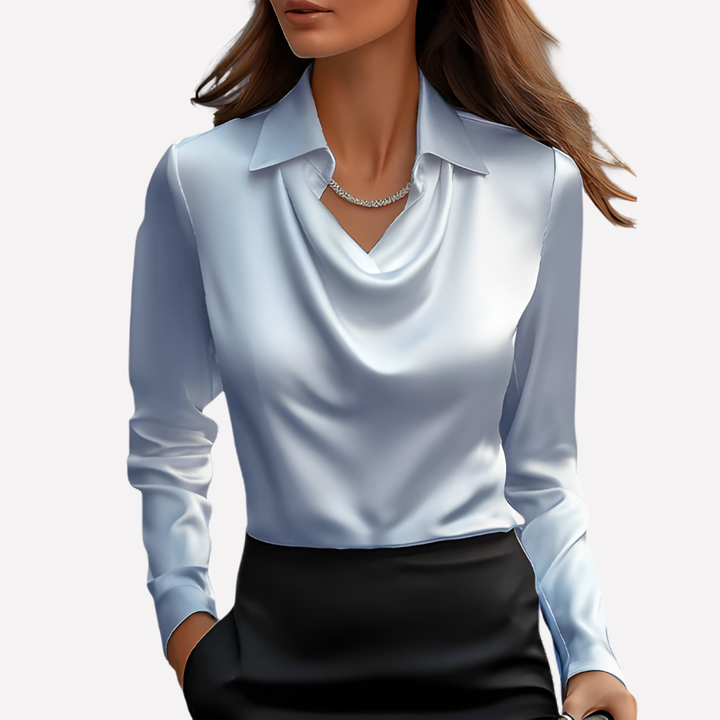 Kvinners langermet bluse med elegant drapert krage, ensfarget og avslappet for komfort.
