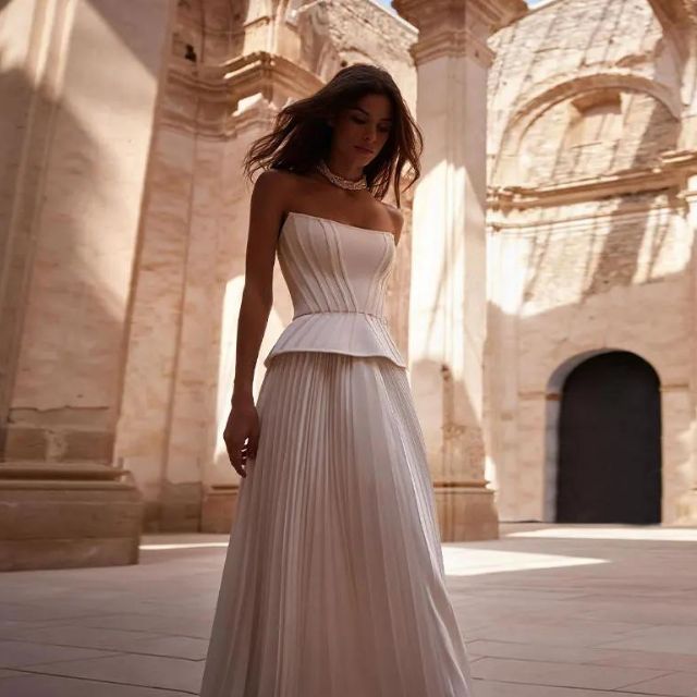 Elegant hvit plissert off-shoulder aftenkjole for dame. Tidløs selskapskjole med vakre folder.