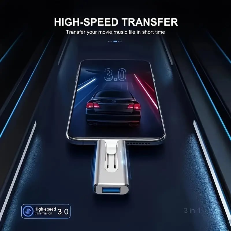 Robust 4-i-1 USB-flash-stasjon i aluminium. Kompakt minneenhet for sikker filoverføring mellom alle dine enheter.