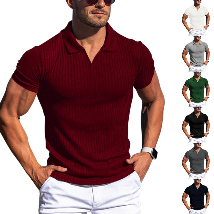 Menns vertikalstripet V-hals poloskjorte med korte ermer, perfekt for sommerlig casual stil.