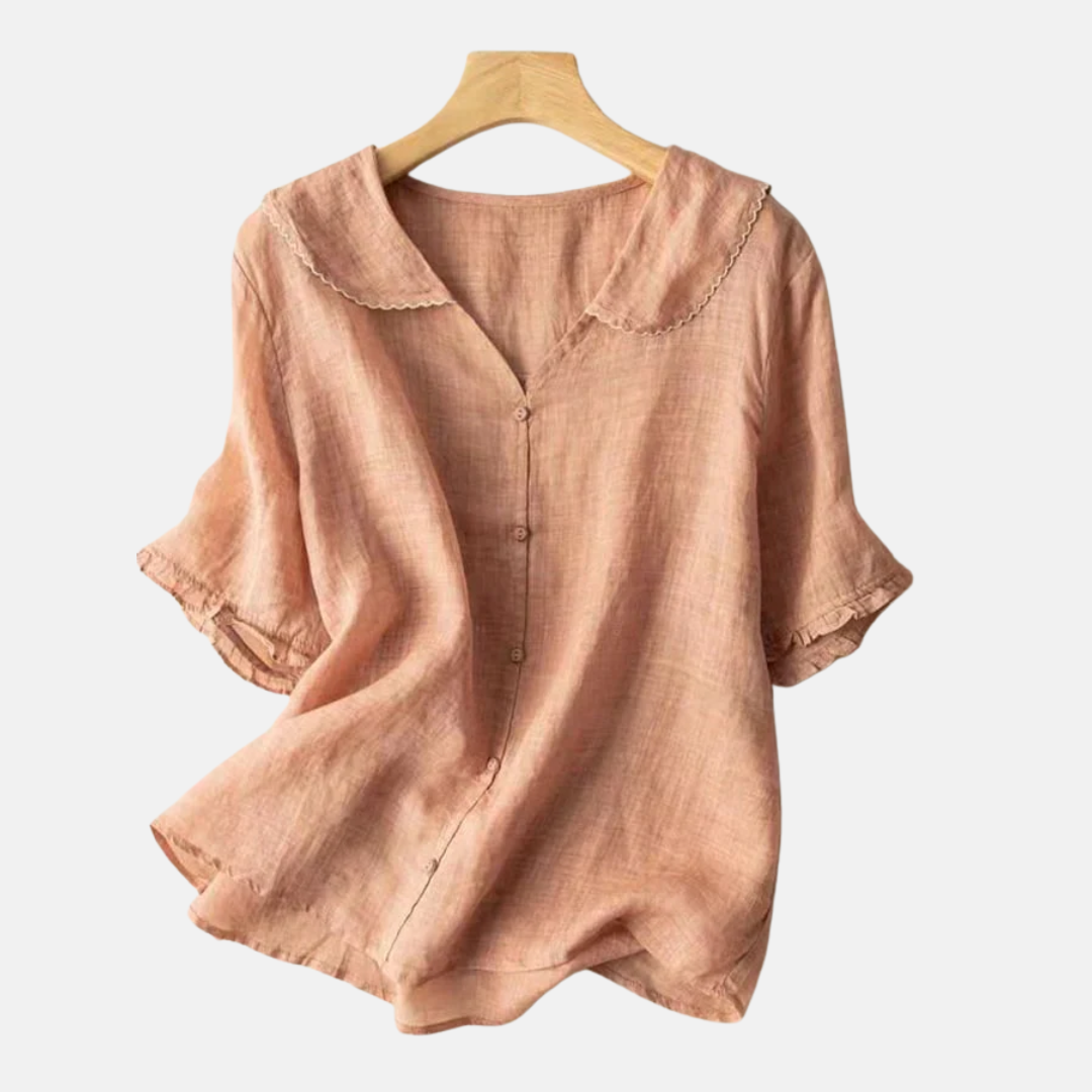 Kvinners retro bomull lin skjorte med dukke krage. Vintage stil, lettvekts sommer topp, pustende for hverdag og kontor.