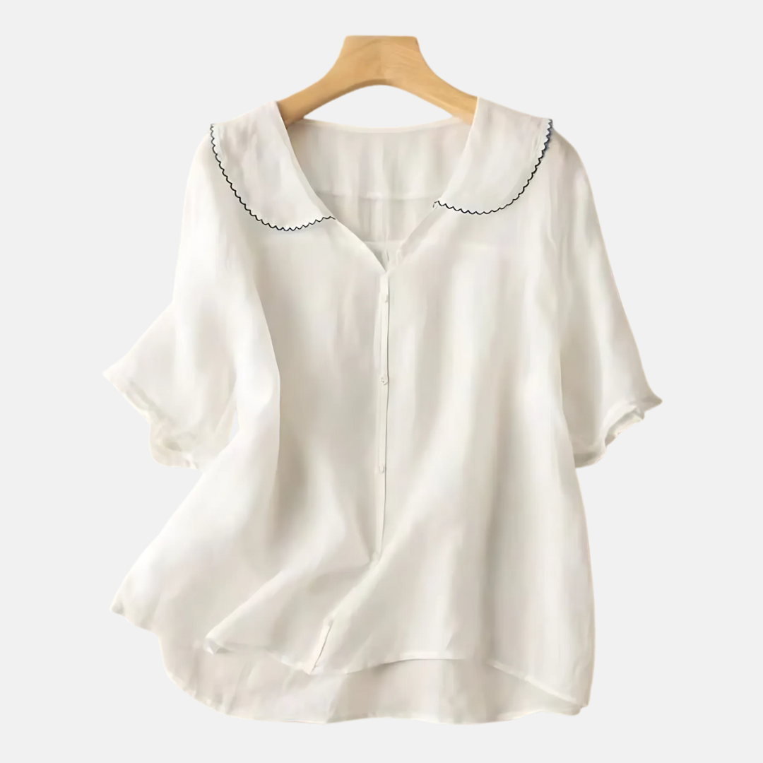 Rosa kvinners bomull lin skjorte med dukke krage. Casual chic retro topp, perfekt for sommer og hverdag.