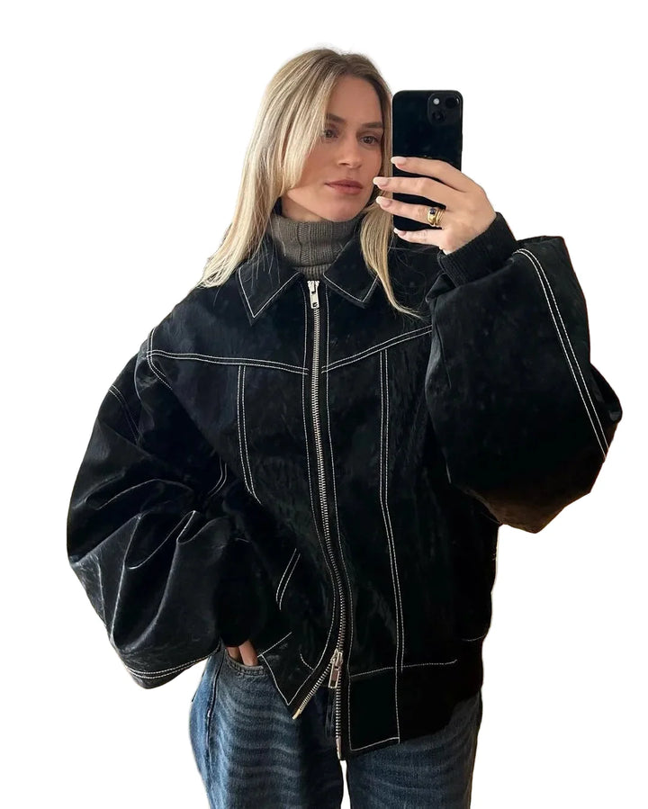 Dame oversized bomberjakke, varm vinterjakke i trendy stil for fritid og mote.