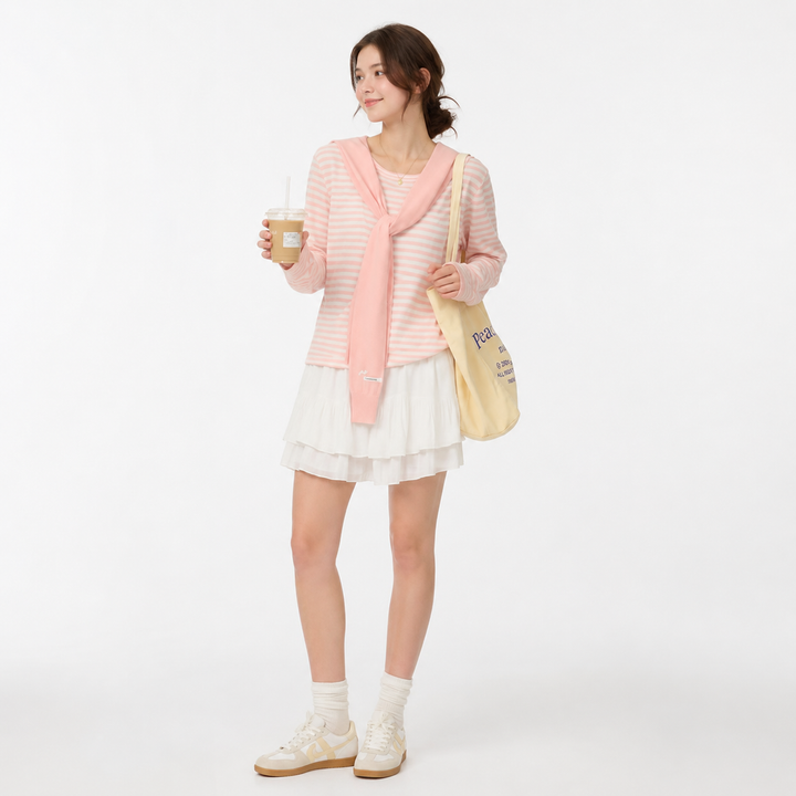 Minimalistisk koreansk strikkesett for dame, med elegant topp og matchende sjal. Ideelt for vår og sommer.