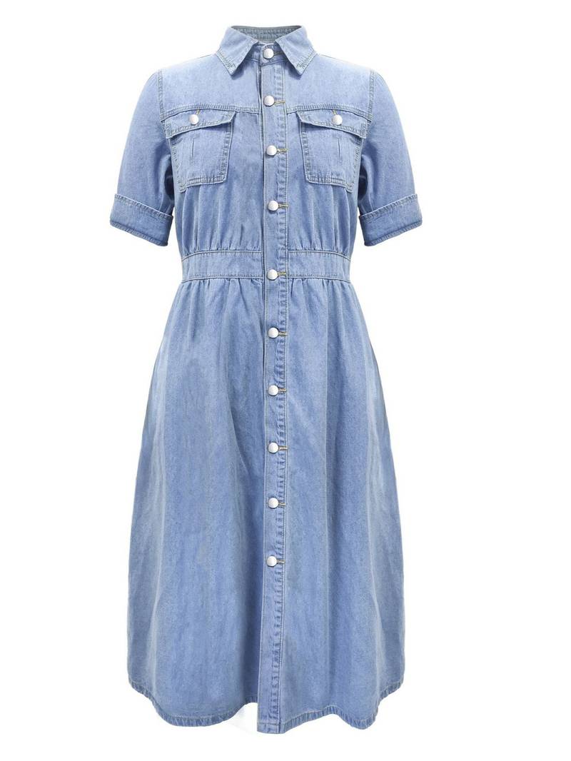 Stilfull A-linje denimkjole for damer med klafflommer, ideell for fritid og motebevisst stil.