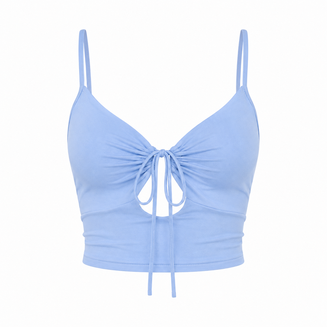 Blå elegant plissert crop topp for dame. Komfortabel sommertopp med fine knytedetaljer for trendy look.
