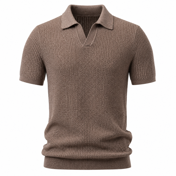 Herre strikkepolo med v-hals. Elegant hollow design, slimfit sommer skjorte for menn. Pustende materiale.