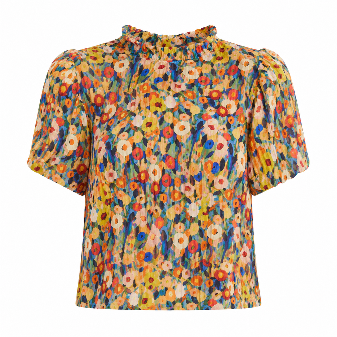 Feminin flerfarget damebluse med blomstermønster. Elegant sommertopp i fransk stil for damer.