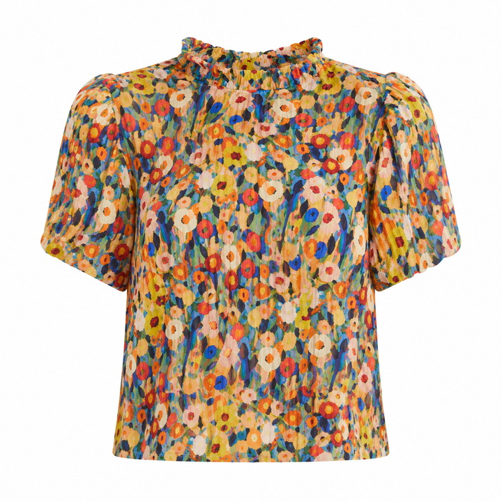 Feminin flerfarget damebluse med blomstermønster. Elegant sommertopp i fransk stil for damer.