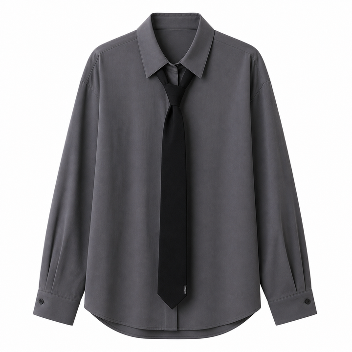 Komfortabel grå oversized damebluse med langermet knytekrage, ideell for elegant hverdags- og kontorantrekk.