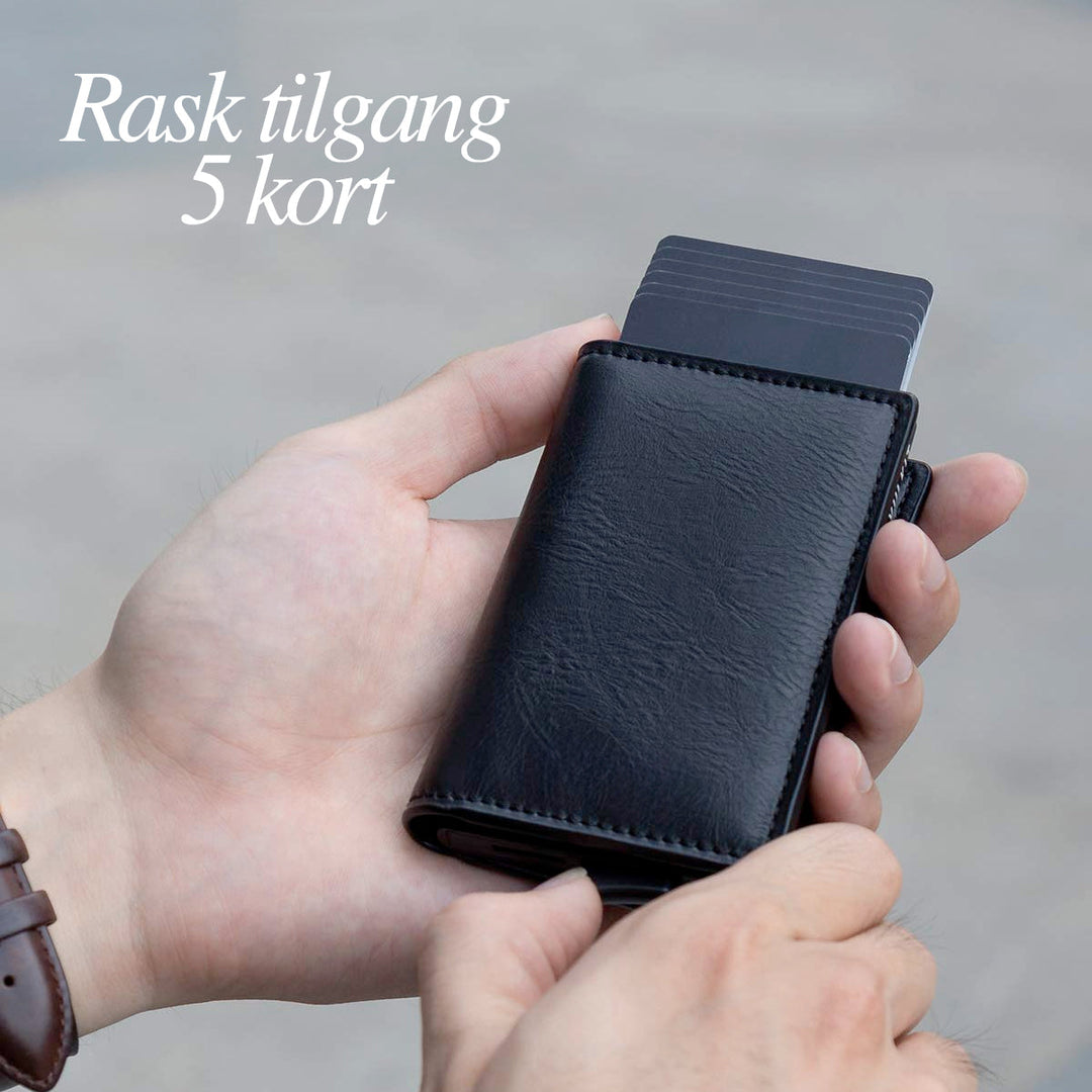 Stilig herre-lommebok, slim design, med RFID-beskyttelse og to pop-up kortvesker.